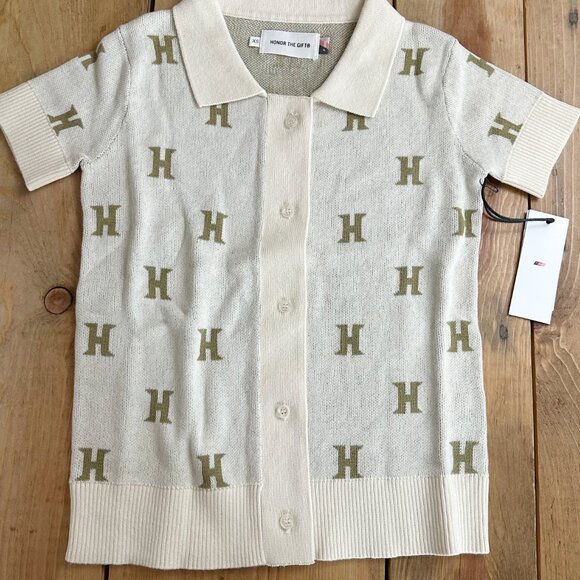 NWT Honor the Gift Short Sweater Monogram Polo Oatmeal XS - Picture 4 of 7
